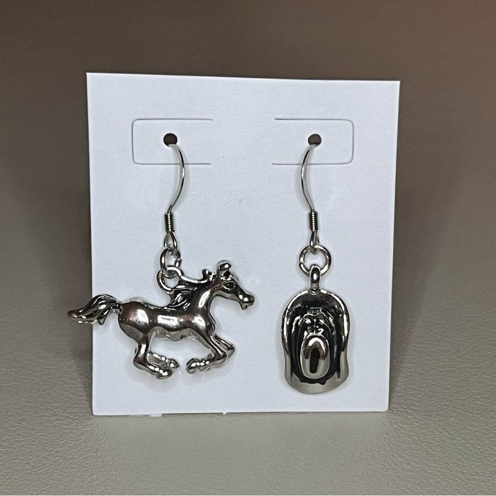 Pony and Cowboy Hat Charm Earrings - Stainless Steel - Nickel Free